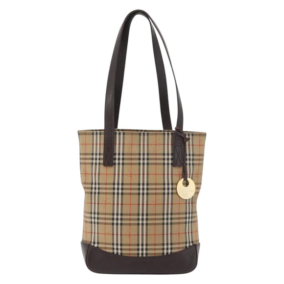 BURBERRY Nova Check Tote Bag Canvas Leather Beige Dark Brown gold Auth 111205