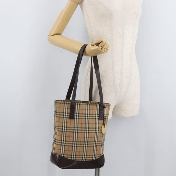 BURBERRY Nova Check Tote Bag Canvas Leather Beige Dark Brown gold Auth 111205