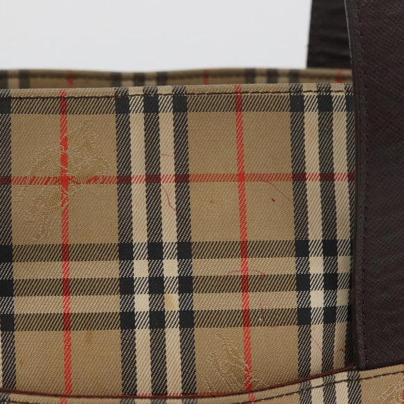 BURBERRY Nova Check Tote Bag Canvas Leather Beige Dark Brown gold Auth 111205