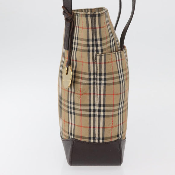 BURBERRY Nova Check Tote Bag Canvas Leather Beige Dark Brown gold Auth 111205