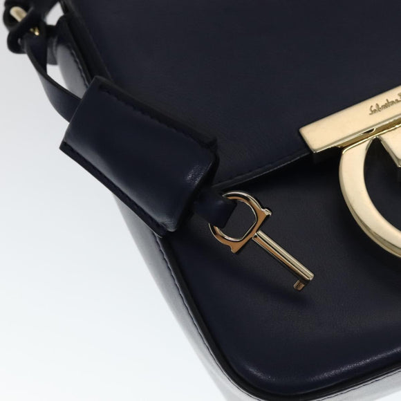 Salvatore Ferragamo Gancini Shoulder Bag Leather Navy Gold Auth 111348V