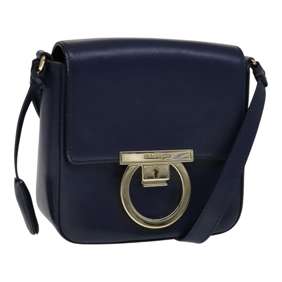 Salvatore Ferragamo Gancini Shoulder Bag Leather Navy Gold Auth 111348V