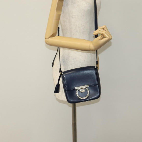 Salvatore Ferragamo Gancini Shoulder Bag Leather Navy Gold Auth 111348V