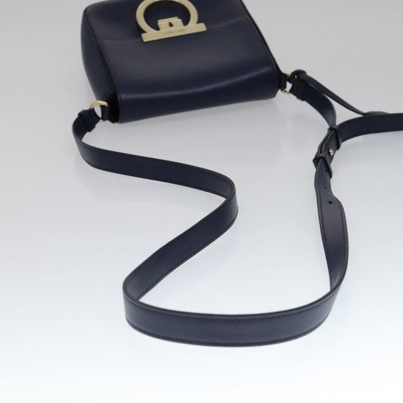 Salvatore Ferragamo Gancini Shoulder Bag Leather Navy Gold Auth 111348V