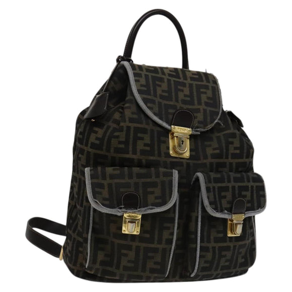FENDI Zucca Canvas Backpack Brown Black gold Auth 111351