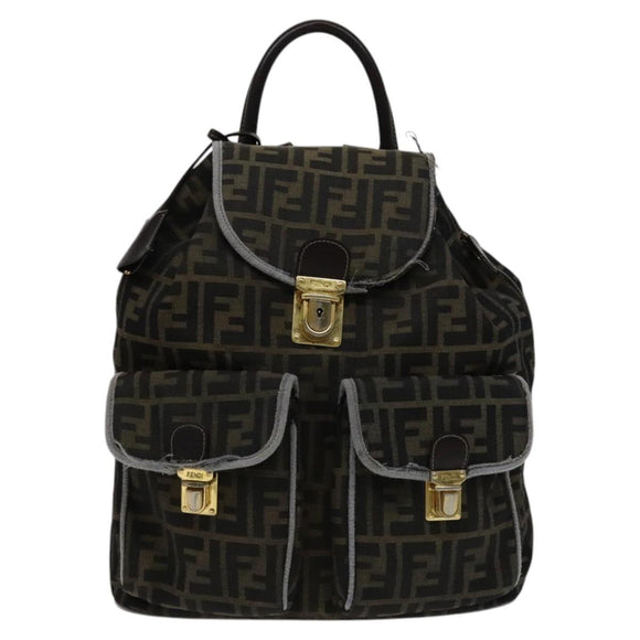 FENDI Zucca Canvas Backpack Brown Black gold Auth 111351