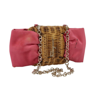 Salvatore Ferragamo Chain Shoulder Bag Satin Wicker Pink Auth 111370