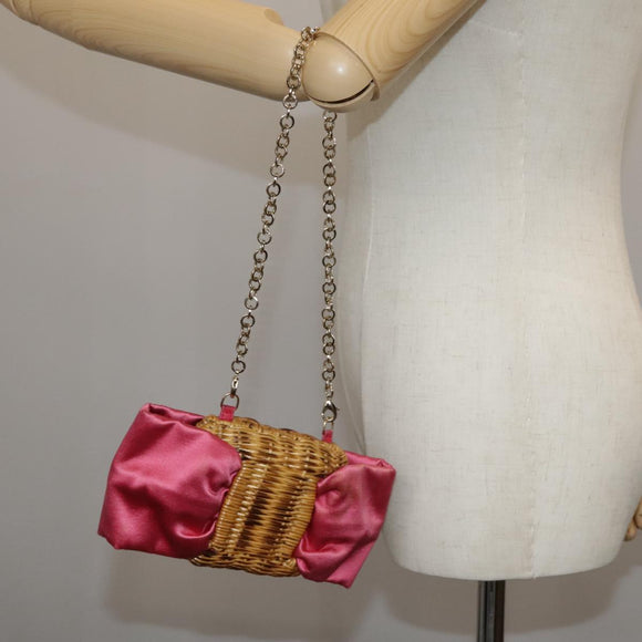 Salvatore Ferragamo Chain Shoulder Bag Satin Wicker Pink Auth 111370