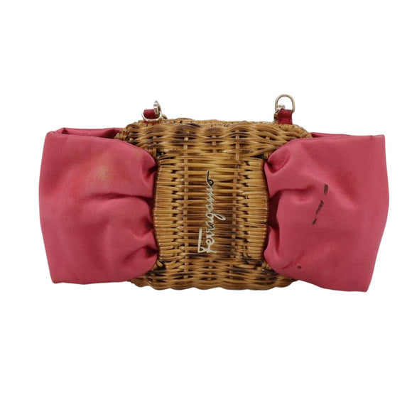 Salvatore Ferragamo Chain Shoulder Bag Satin Wicker Pink Auth 111370