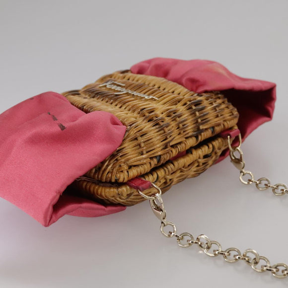 Salvatore Ferragamo Chain Shoulder Bag Satin Wicker Pink Auth 111370