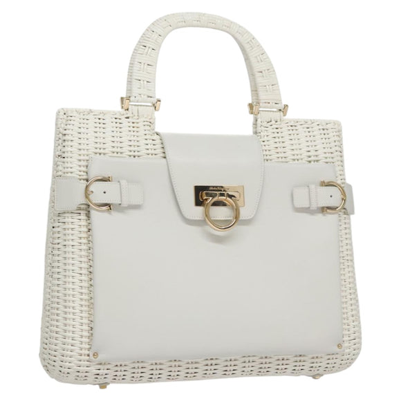 Salvatore Ferragamo Gancini Hand Bag Wicker White Auth 111468