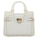 Salvatore Ferragamo Gancini Hand Bag Wicker White Auth 111468-13