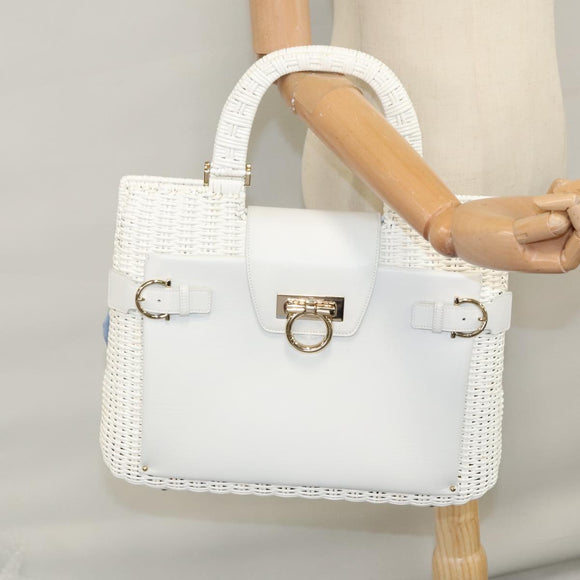 Salvatore Ferragamo Gancini Hand Bag Wicker White Auth 111468