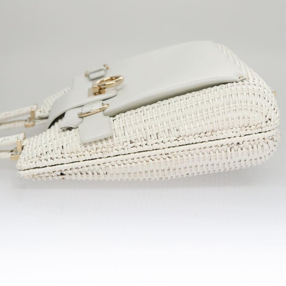 Salvatore Ferragamo Gancini Hand Bag Wicker White Auth 111468