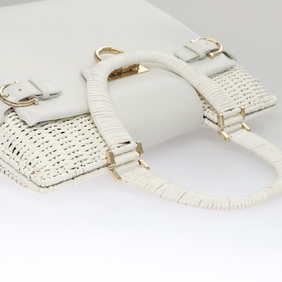 Salvatore Ferragamo Gancini Hand Bag Wicker White Auth 111468