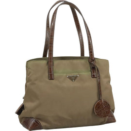 PRADA Tote Bag Nylon Leather Khaki Brown Silver Auth 111593