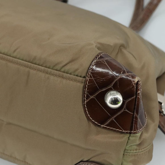 PRADA Tote Bag Nylon Leather Khaki Brown Silver Auth 111593