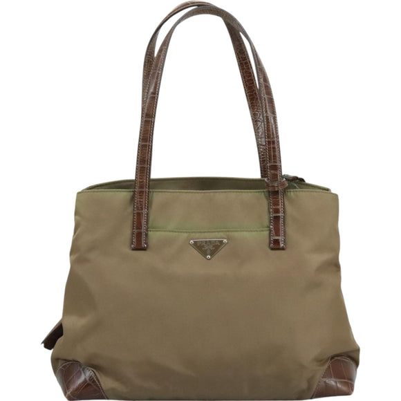 PRADA Tote Bag Nylon Leather Khaki Brown Silver Auth 111593