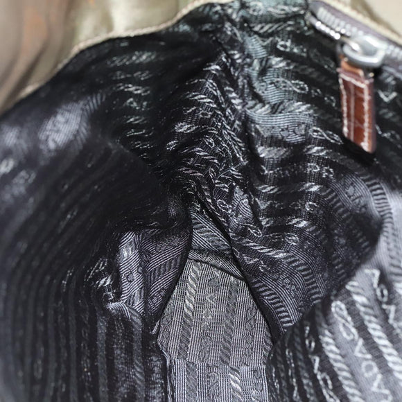 PRADA Tote Bag Nylon Leather Khaki Brown Silver Auth 111593