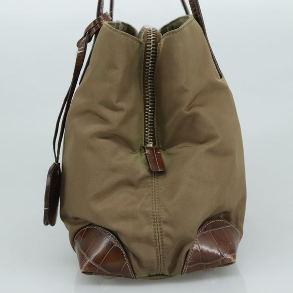 PRADA Tote Bag Nylon Leather Khaki Brown Silver Auth 111593