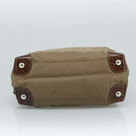 PRADA Tote Bag Nylon Leather Khaki Brown Silver Auth 111593