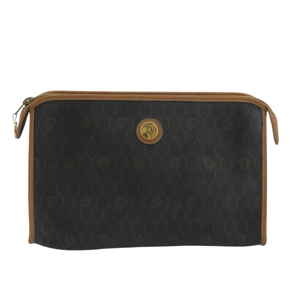 Christian Dior Honeycomb Canvas Clutch Bag PVC Leather Black Gold Auth 111627