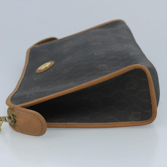 Christian Dior Honeycomb Canvas Clutch Bag PVC Leather Black Gold Auth 111627