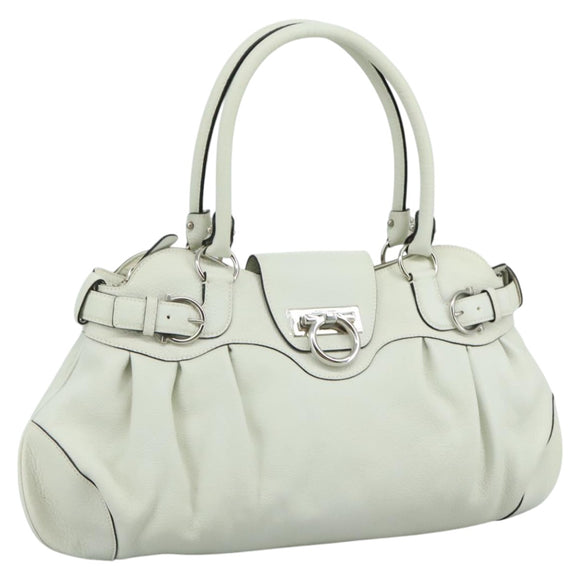 Salvatore Ferragamo Gancini Hand Bag Leather White Silver Auth 111747