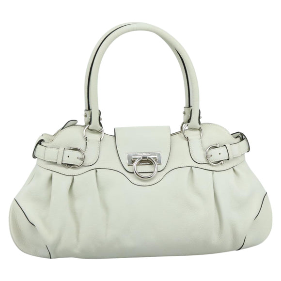 Salvatore Ferragamo Gancini Hand Bag Leather White Silver Auth 111747