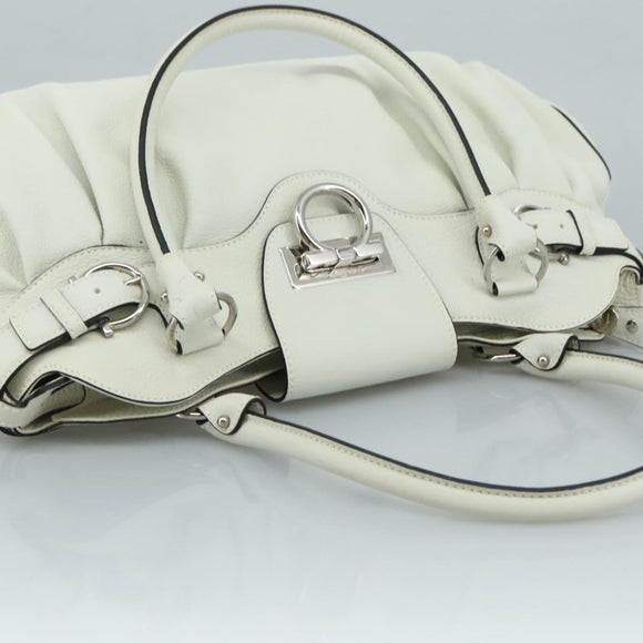 Salvatore Ferragamo Gancini Hand Bag Leather White Silver Auth 111747
