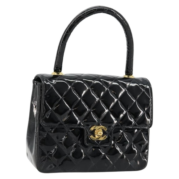 CHANEL Matelasse Hand Bag Patent leather Black CC Auth 112111