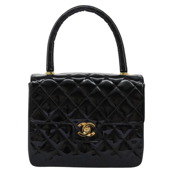 CHANEL Matelasse Hand Bag Patent leather Black CC Auth 112111