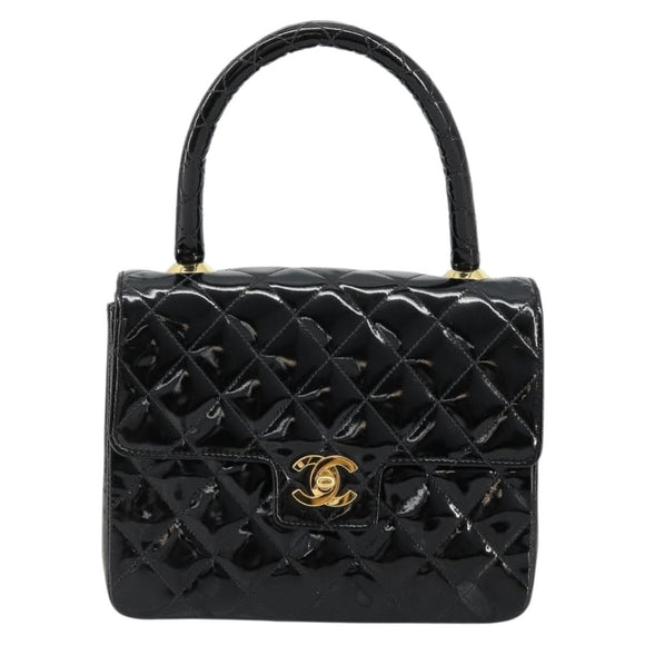 CHANEL Matelasse Hand Bag Patent leather Black CC Auth 112111