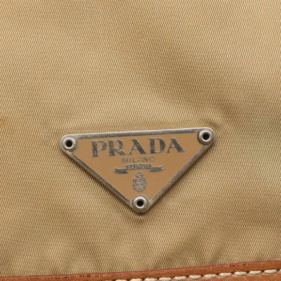 PRADA Schoudertas Nylon Beige Bruin Zilver Auth 112279