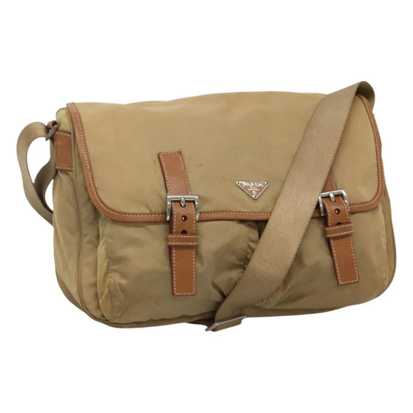 PRADA Schoudertas Nylon Beige Bruin Zilver Auth 112279