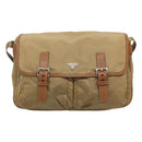 PRADA Schoudertas Nylon Beige Bruin Zilver Auth 112279-13
