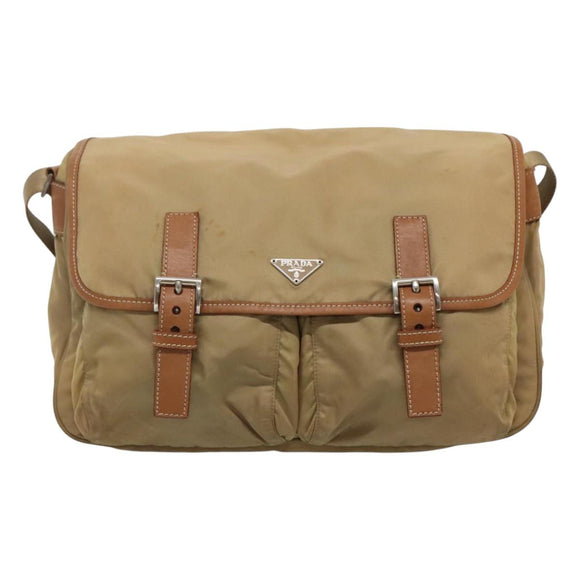 PRADA Schoudertas Nylon Beige Bruin Zilver Auth 112279
