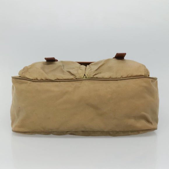 PRADA Schoudertas Nylon Beige Bruin Zilver Auth 112279