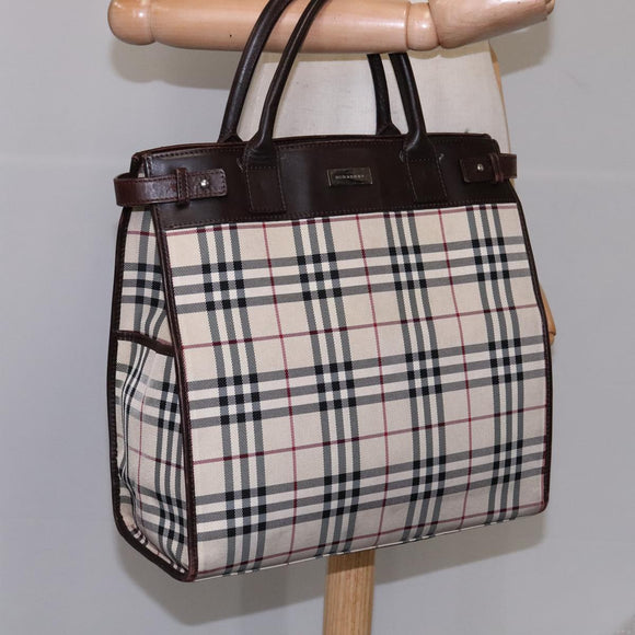 BURBERRY Nova Check Hand Bag Canvas Leather Beige Brown Silver Auth 112330