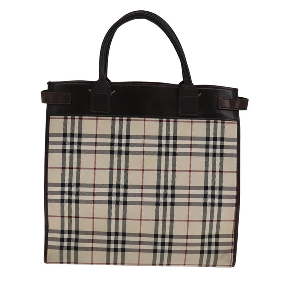 BURBERRY Nova Check Hand Bag Canvas Leather Beige Brown Silver Auth 112330