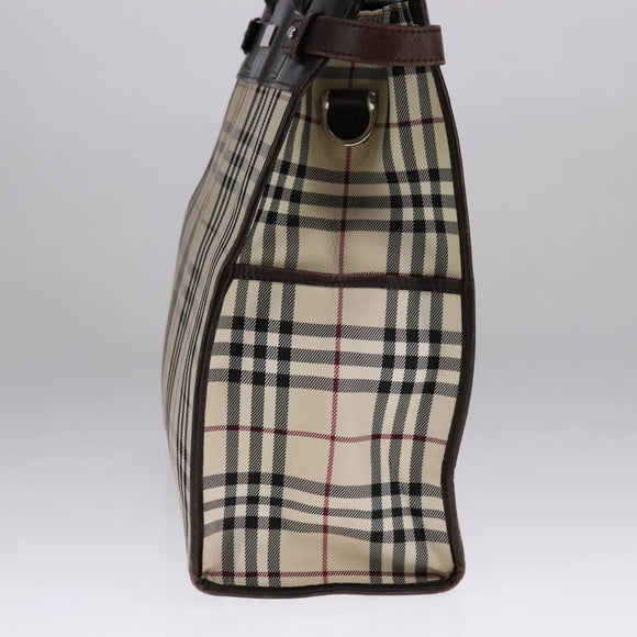 BURBERRY Nova Check Hand Bag Canvas Leather Beige Brown Silver Auth 112330