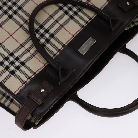 BURBERRY Nova Check Hand Bag Canvas Leather Beige Brown Silver Auth 112330