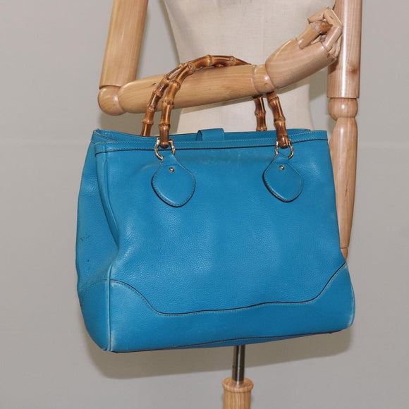 GUCCI Bamboo Hand Bag Leather Blue Gold 282317 Auth 112381