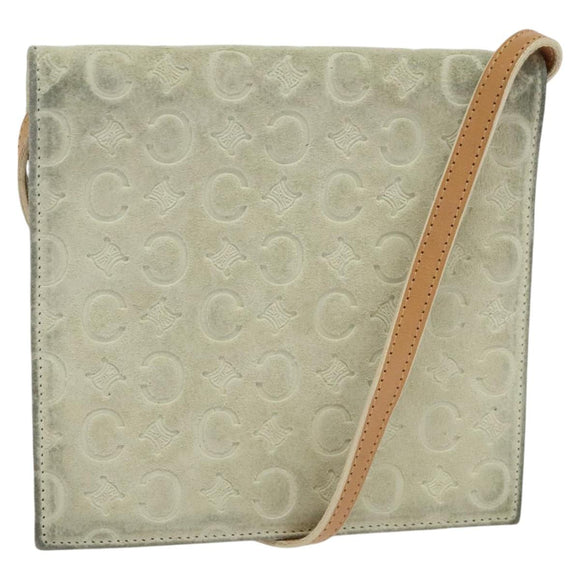 CELINE C Macadam Canvas Shoulder Wallet Suede White Auth 112493