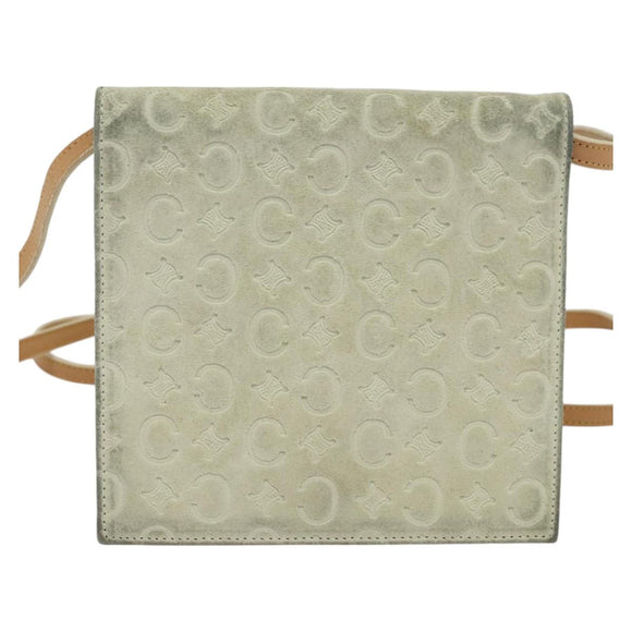 CELINE C Macadam Canvas Shoulder Wallet Suede White Auth 112493