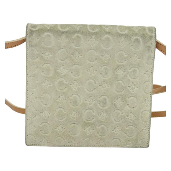 CELINE C Macadam Canvas Shoulder Wallet Suede White Auth 112493