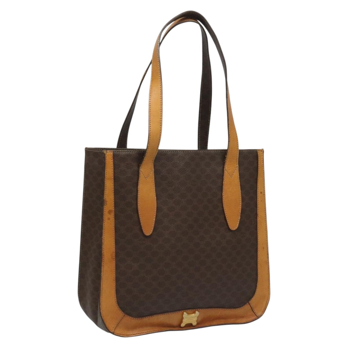 CELINE Macadam Canvas Shoulder Bag PVC Leather Brown Gold Auth