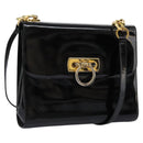Salvatore Ferragamo Gancini Shoulder Bag Enamel Black Gold Auth 112878-1