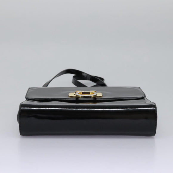 Salvatore Ferragamo Gancini Shoulder Bag Enamel Black Gold Auth 112878