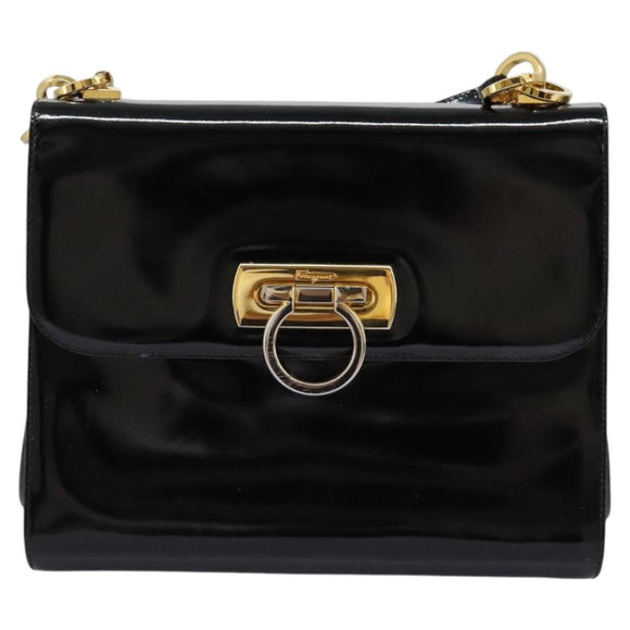 Salvatore Ferragamo Gancini Shoulder Bag Enamel Black Gold Auth 112878